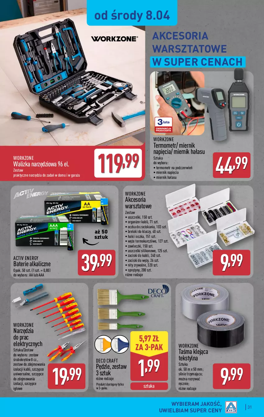 Gazetka promocyjna Aldi - Pełna oferta - ważna 07.04 do 11.04.2026 - strona 31 - produkty: Baterie alkaliczne, Garaż, Klej, Organizer, Szczypce, Termometr, Walizka