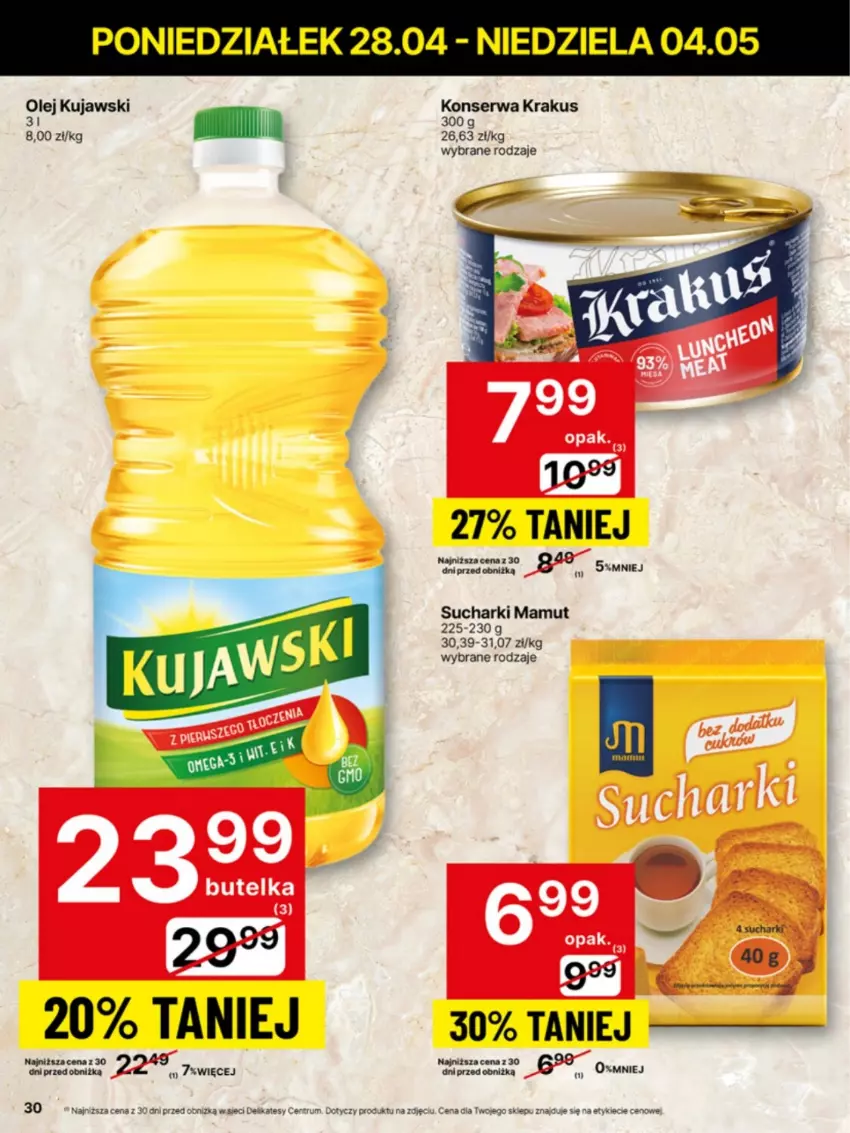 Gazetka promocyjna Delikatesy Centrum - Franczyza DC18 Poniedziałek - ważna 28.04 do 04.05.2025 - strona 30 - produkty: Krakus, Kujawski, Olej, Rum, Ser
