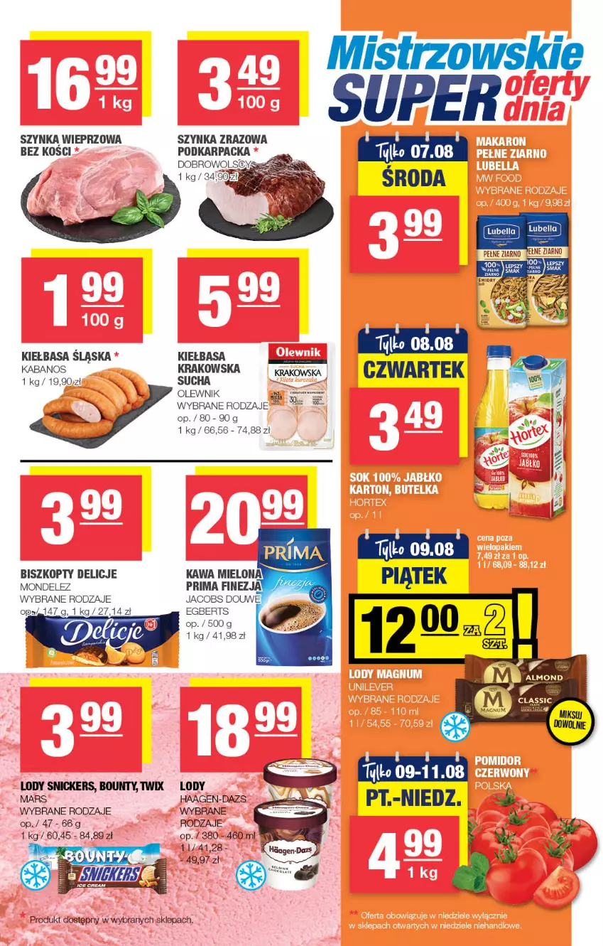 Gazetka promocyjna Spar - Spar-Mini - ważna 28.07 do 07.08.2024 - strona 3 - produkty: Bell, Bella, Biszkopty, Bounty, Delicje, Jacobs, Kabanos, Karp, Kawa, Kawa mielona, Kiełbasa, Kiełbasa śląska, Lody, Lubella, Mars, Olewnik, Prima, Snickers, Szynka, Szynka wieprzowa, Twix