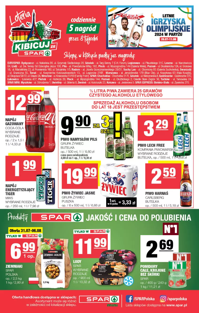 Gazetka promocyjna Spar - Spar-Mini - ważna 28.07 do 07.08.2024 - strona 4 - produkty: Carlsberg, Coca-Cola, Harnaś, Lody, Namysłów, Piwo, Pomidory, Ryż, Tiger