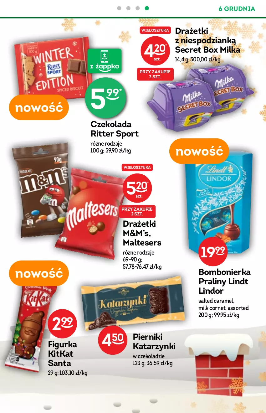 Gazetka promocyjna Żabka - ważna 24.11 do 30.12.2021 - strona 23 - produkty: Czekolada, Lindor, Lindt, Milka, Piernik, Por, Praliny, Ritter Sport, Ser, Sport