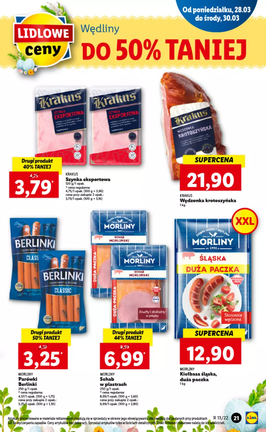 Gazetka promocyjna Lidl - GAZETKA - ważna 28.03 do 30.03.2022 - strona 21 - produkty: Berlinki, Fa, Kiełbasa, Kiełbasa śląska, Krakus, Morliny, Por, Sport, Szynka