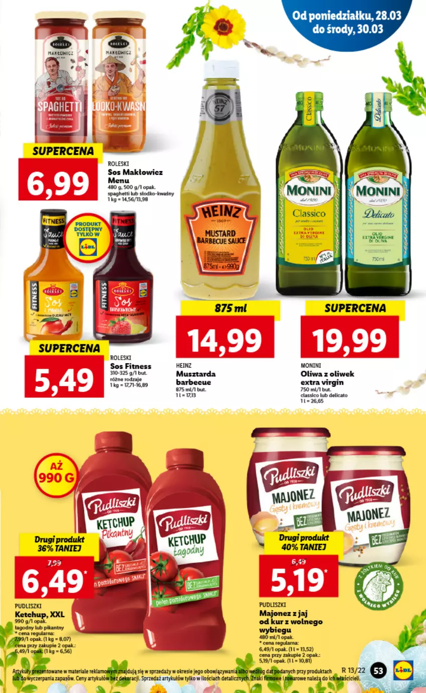 Gazetka promocyjna Lidl - GAZETKA - ważna 28.03 do 30.03.2022 - strona 53 - produkty: Gin, Heinz, Majonez, Mus, Musztarda, Oliwa z oliwek, Pudliszki, Sos, Spaghetti