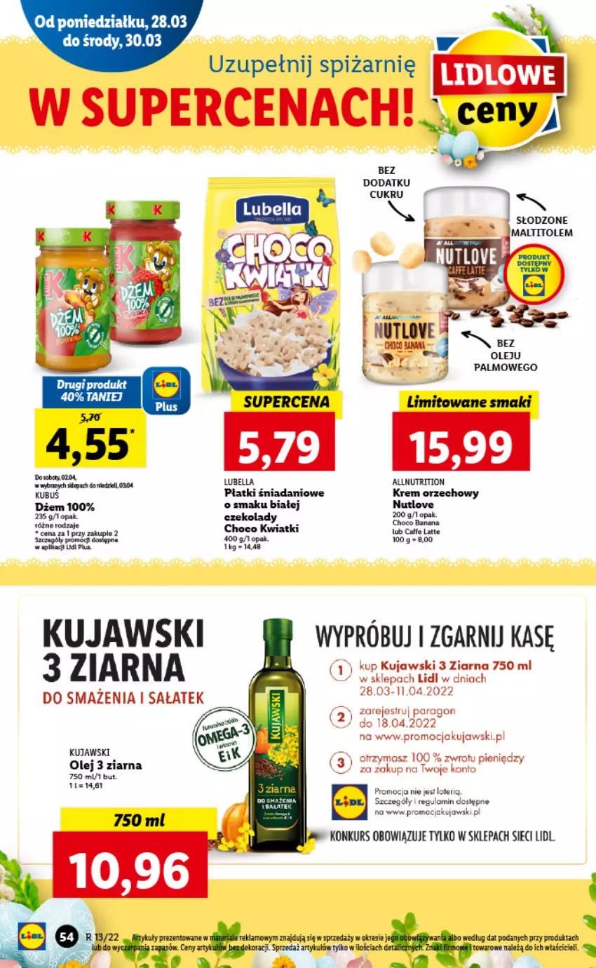 Gazetka promocyjna Lidl - GAZETKA - ważna 28.03 do 30.03.2022 - strona 54 - produkty: Bell, Bella, Danio, Dżem, Krem orzechowy, Kubuś, Kujawski, Lubella, Olej, Piwa, Sałat