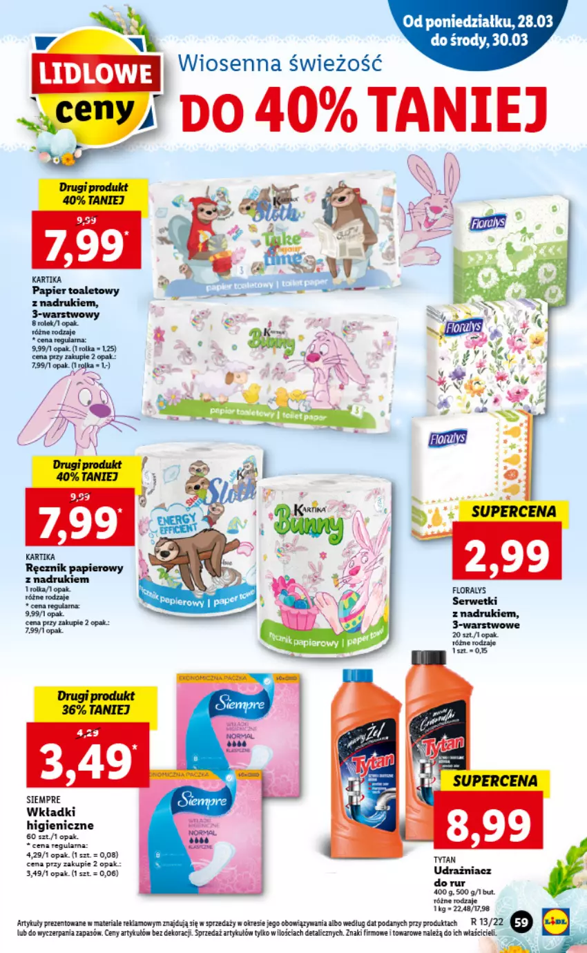 Gazetka promocyjna Lidl - GAZETKA - ważna 28.03 do 30.03.2022 - strona 59 - produkty: Flora, Papier, Papier toaletowy, Ser, Serwetki, Wkładki