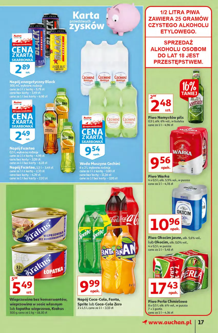 Gazetka promocyjna Auchan - Hiperoszczędzanie z kartą Skarbonka Hipermarkety - ważna 07.10 do 13.10.2021 - strona 17 - produkty: Coca-Cola, Fa, Fanta, Gra, Koc, Krakus, LG, Mus, Namysłów, Napój, Okocim, Perła, Piwa, Piwo, Ser, Sos, Sprite, Szyna, Warka, Wieprzowina