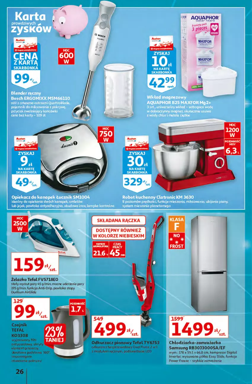 Gazetka promocyjna Auchan - Hiperoszczędzanie z kartą Skarbonka Hipermarkety - ważna 07.10 do 13.10.2021 - strona 26 - produkty: Aquaphor, Chłodziarka, Czajnik, Fa, Kompresor, Odkurzacz, Odkurzacz bezprzewodowy, Piec, Półka, Samsung, Tefal, Top, Zamrażarka