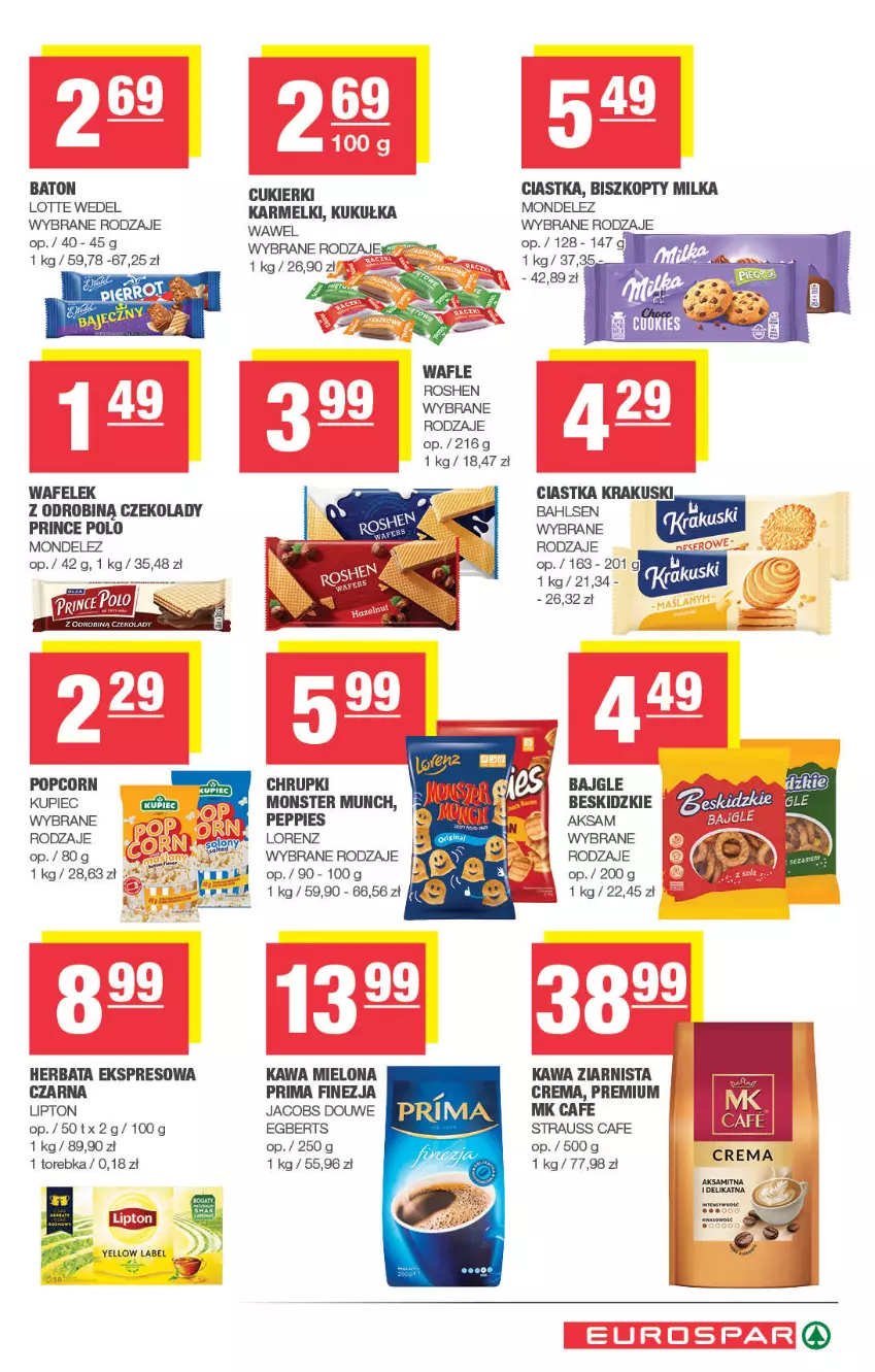 Gazetka promocyjna Spar - EuroSpar - ważna 29.06 do 09.07.2025 - strona 13 - produkty: Aksam, Bajgle, Baton, Beskidzki, Biszkopty, Chrupki, Ciastka, Cukier, Cukierki, Herbata, Jacobs, Kawa, Kawa mielona, Kawa ziarnista, Krakus, Krakuski, Kupiec, Lipton, Lorenz, Milka, Monster Munch, Piec, Popcorn, Prima, Prince Polo, Torebka, Wafelek, Wafle, Wawel