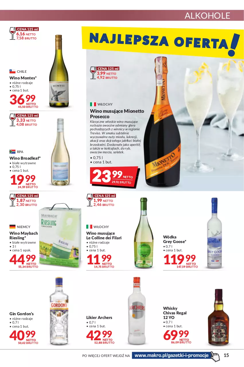 Gazetka promocyjna Makro - [Oferta promocyjna] Artykuły spożywcze i przemysłowe - ważna 26.07 do 08.08.2022 - strona 15 - produkty: Alkohole, Gin, Jabłka, Likier, Mionetto, Monte, Mus, Nuty, Prosecco, Sałat, Whisky, Wino, Wino musujące, Wódka