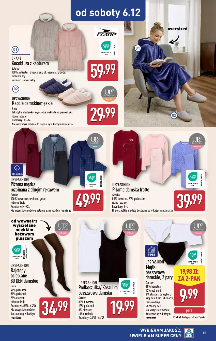 Gazetka promocyjna Aldi - Artykuły przemysłowe i tekstylia - ważna 03.12 do 06.12.2025 - strona 15 - produkty: Bluza, Bluza z kapturem, Brie, Fa, Kapcie, Koc, Kosz, Koszulka, Majtki, Piżama, Rajstopy, Szorty, Top, Wełna
