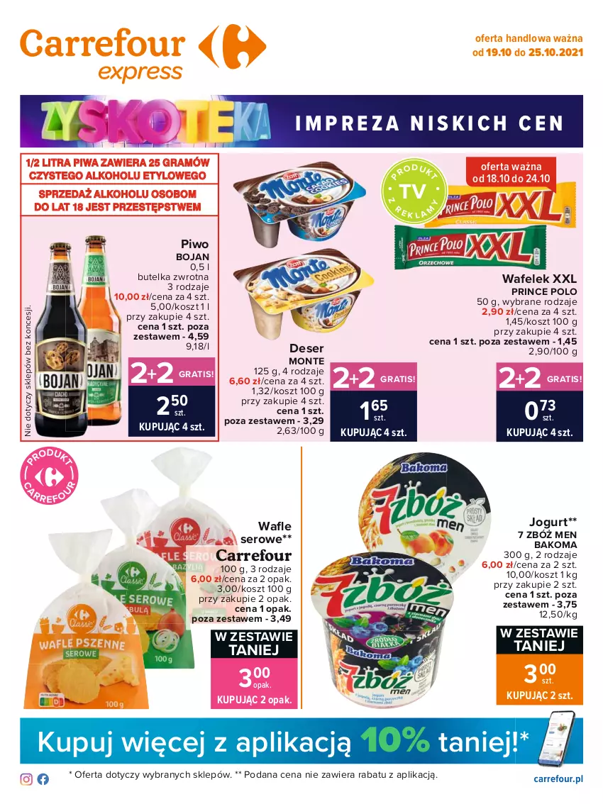 Gazetka promocyjna Carrefour - Gazetka Express - ważna 19.10 do 25.10.2021 - strona 1 - produkty: Bakoma, Deser, Gra, Jogurt, Kosz, Monte, Piwa, Piwo, Prince Polo, Ser, Wafelek