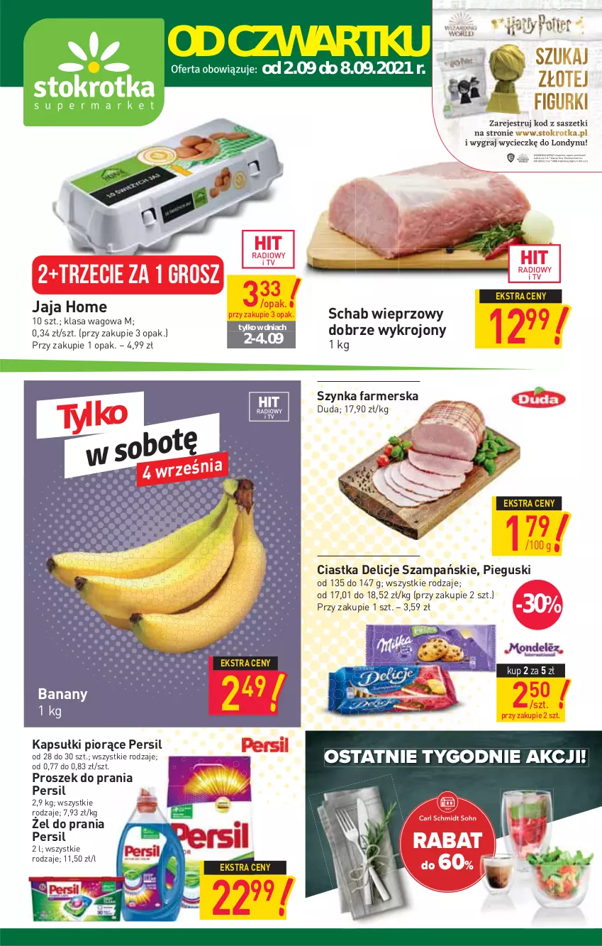 Gazetka promocyjna Stokrotka - Supermarket - ważna 02.09 do 08.09.2021 - strona 1 - produkty: Banany, Ciastka, Delicje, Duda, Fa, Jaja, Persil, Proszek do prania, Schab wieprzowy, Szynka, Szynka farmerska