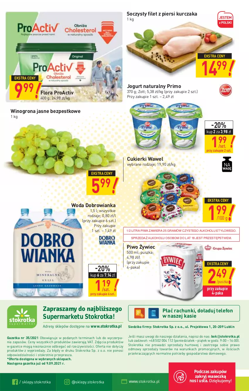 Gazetka promocyjna Stokrotka - Supermarket - ważna 02.09 do 08.09.2021 - strona 16 - produkty: Cukier, Cukierki, Dobrowianka, Filet z piersi kurczaka, Flora, Gra, Jogurt, Jogurt naturalny, Kurczak, O nas, Piwa, Piwo, Telefon, Wagi, Wawel, Wino, Winogrona, Woda, Zott