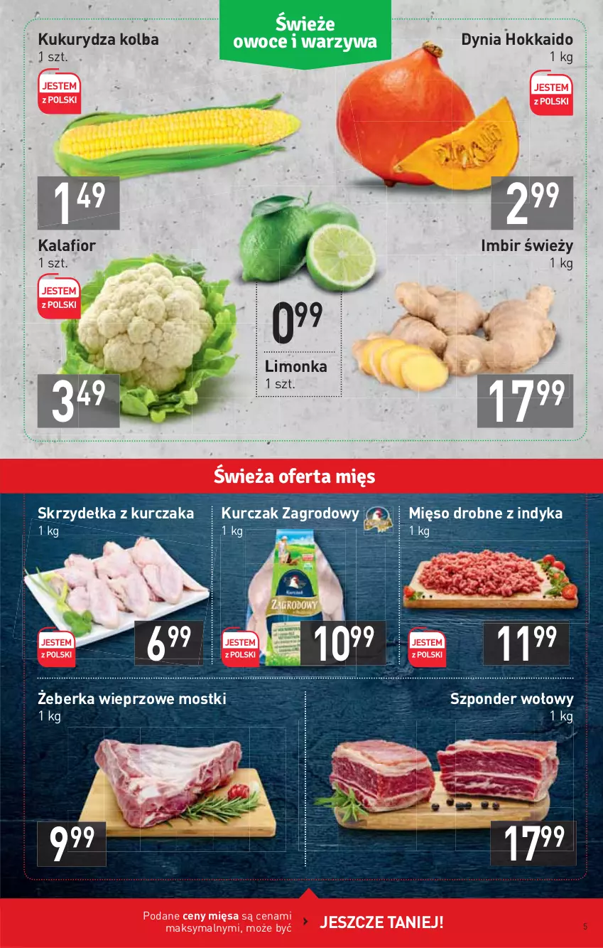 Gazetka promocyjna Stokrotka - Supermarket - ważna 02.09 do 08.09.2021 - strona 5 - produkty: Imbir, Kalafior, Kukurydza, Kurczak, Limonka, Mięso, Skrzydełka z kurczaka, Szponder wołowy