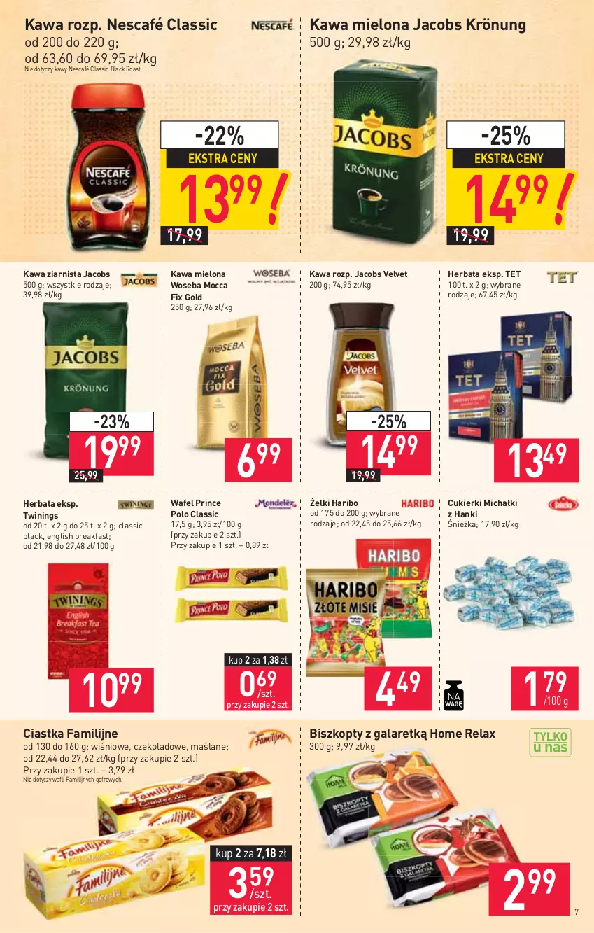 Gazetka promocyjna Stokrotka - Supermarket - ważna 02.09 do 08.09.2021 - strona 7 - produkty: Biszkopty, Ciastka, Cukier, Cukierki, Fa, Gala, Haribo, Herbata, Jacobs, Jacobs Krönung, Jacobs Velvet, Kawa, Kawa mielona, Kawa ziarnista, Lack, Michałki, Mocca Fix Gold, Nescafé, Prince Polo, Velvet, Woseba