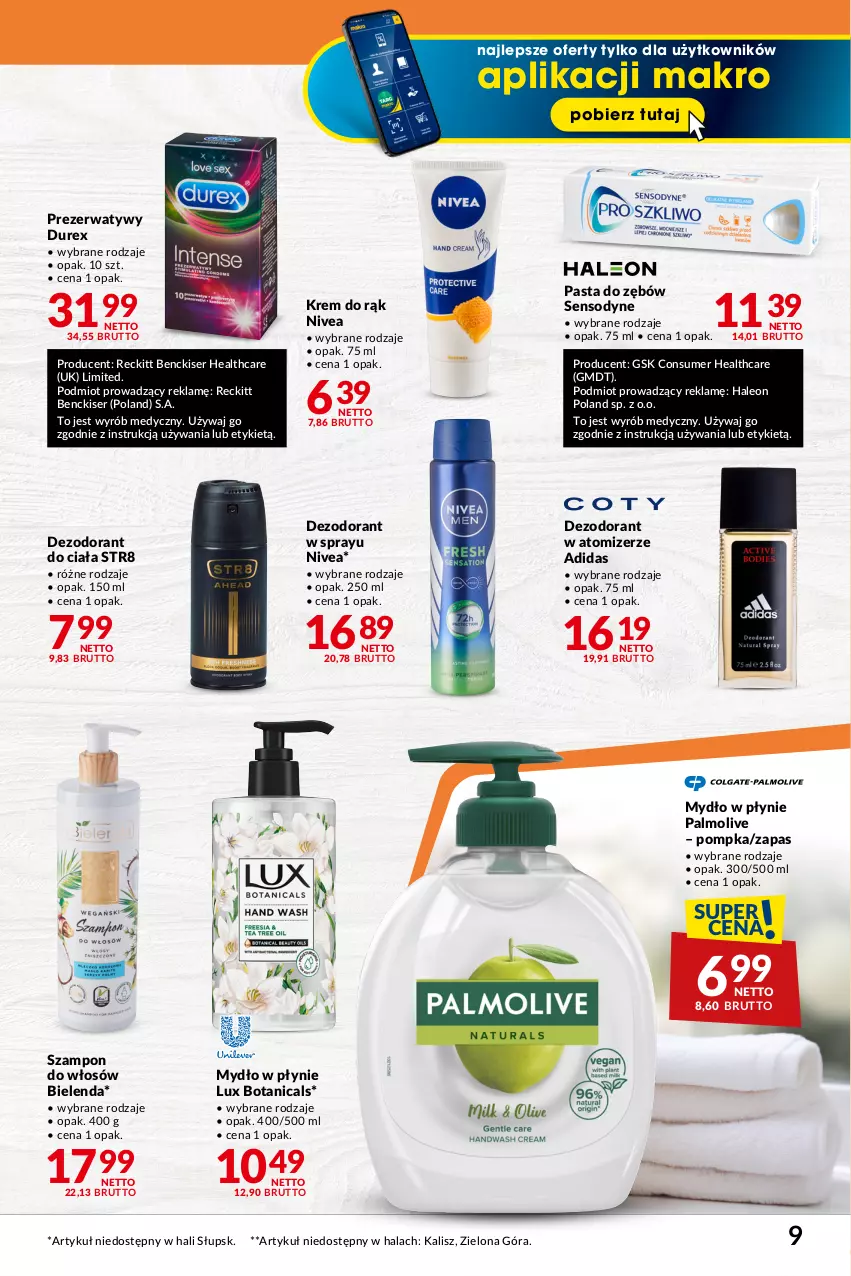 Gazetka promocyjna Makro - Najlepsze oferty - ważna 06.02 do 04.03.2024 - strona 9 - produkty: Adidas, Bielenda, Dezodorant, Durex, Krem do rąk, Leon, Mydło, Mydło w płynie, Nivea, Palmolive, Pasta do zębów, Pompka, Prezerwatyw, Sensodyne, Ser, Str8, Szampon