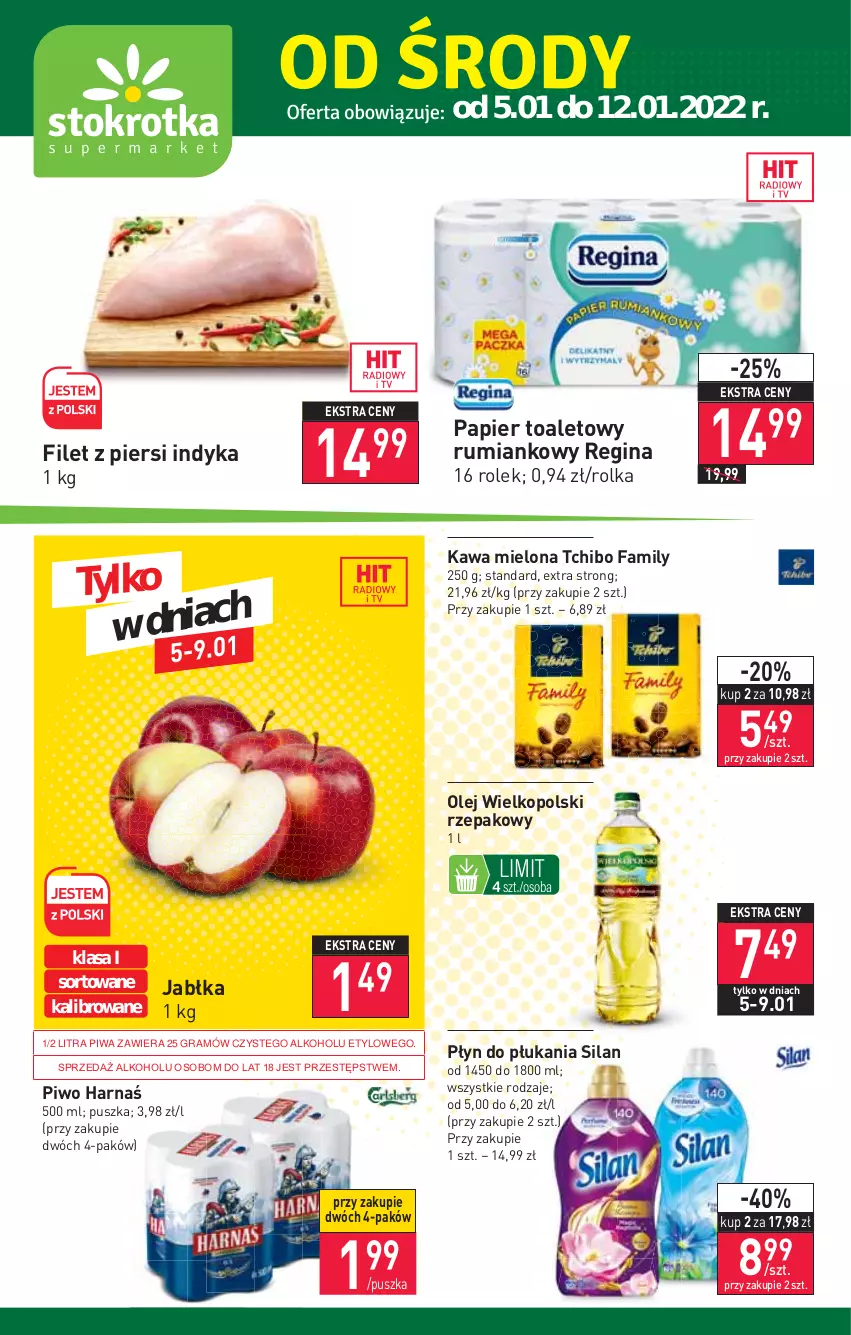 Gazetka promocyjna Stokrotka - Supermarket - ważna 05.01 do 12.01.2022 - strona 1 - produkty: Fa, Filet z piersi indyka, Gin, Gra, Harnaś, Jabłka, Kawa, Kawa mielona, Olej, Papier, Papier toaletowy, Piwa, Piwo, Płyn do płukania, Rum, Silan, Tchibo, Tchibo Family