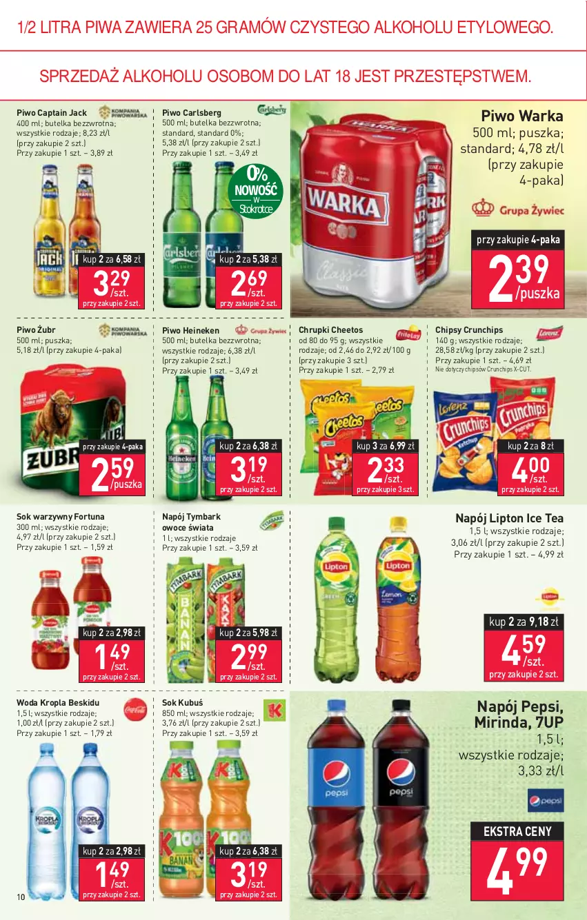 Gazetka promocyjna Stokrotka - Supermarket - ważna 05.01 do 12.01.2022 - strona 10 - produkty: 7up, Captain Jack, Carlsberg, Cheetos, Chipsy, Chrupki, Crunchips, Fortuna, Gra, Heineken, Ice tea, Kubuś, Lipton, Mirinda, Napój, Owoce, Pepsi, Piwa, Piwo, Sok, Tymbark, Warka, Woda