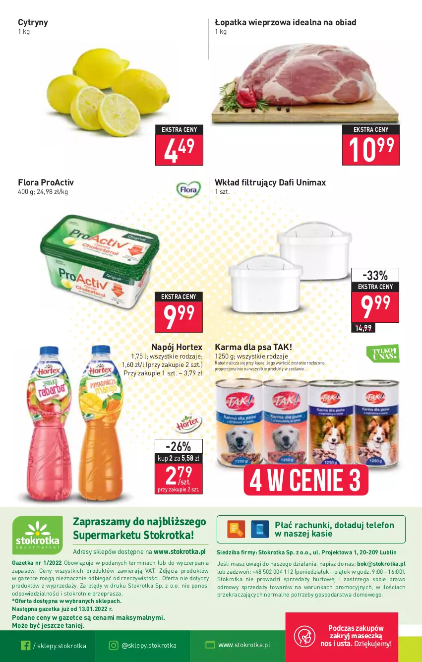 Gazetka promocyjna Stokrotka - Supermarket - ważna 05.01 do 12.01.2022 - strona 16 - produkty: Cytryny, Flora, Hortex, Napój, O nas, Por, Telefon, Wagi, Wkład filtrujący