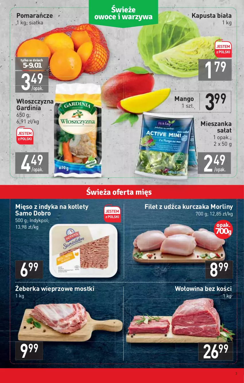 Gazetka promocyjna Stokrotka - Supermarket - ważna 05.01 do 12.01.2022 - strona 3 - produkty: Kotlet, Kurczak, Mango, Mięso, Mięso z indyka, Mieszanka sałat, Morliny, Pomarańcze, Sałat, Siatka, Wołowina, Wołowina bez kości