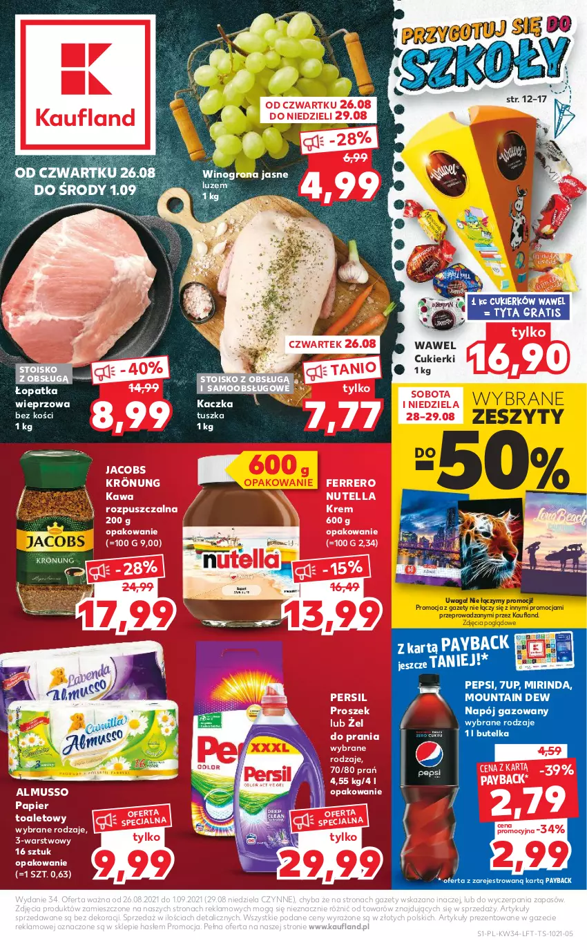 Gazetka promocyjna Kaufland - OFERTA TYGODNIA - ważna 26.08 do 01.09.2021 - strona 1 - produkty: 7up, Cukier, Cukierki, Ferrero, Gra, Jacobs, Jacobs Krönung, Kaczka, Kawa, Kawa rozpuszczalna, Mirinda, Mus, Napój, Napój gazowany, Nutella, Papier, Papier toaletowy, Pepsi, Persil, Tusz, Waga, Wawel, Wino, Winogrona