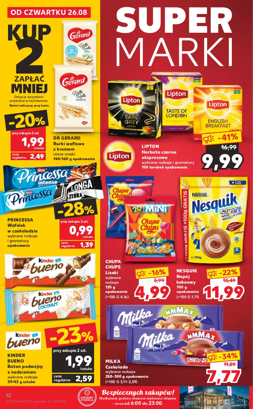 Gazetka promocyjna Kaufland - OFERTA TYGODNIA - ważna 26.08 do 01.09.2021 - strona 12 - produkty: Baton, Chupa Chups, Czekolada, Dr Gerard, Gra, Herbata, Herbata czarna, Kakao, Kinder, Kinder Bueno, Lipton, Lizaki, Milka, Napój, Nesquik, Piec, Princessa, Rama, Rurki, Tera, Wafelek