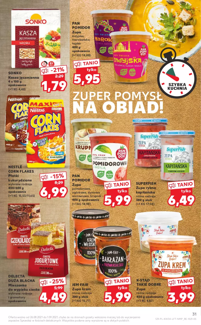 Gazetka promocyjna Kaufland - OFERTA TYGODNIA - ważna 26.08 do 01.09.2021 - strona 31 - produkty: Corn flakes, Delecta, Fa, Gra, Kasza, Kasza jęczmienna, Krupnik, Nestlé, Rama, Sonko, Zupa, Zupa pomidorowa