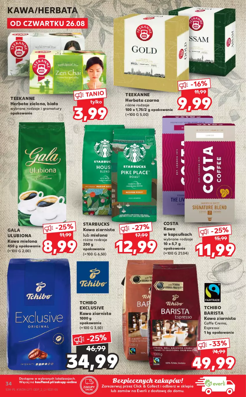 Gazetka promocyjna Kaufland - OFERTA TYGODNIA - ważna 26.08 do 01.09.2021 - strona 34 - produkty: Gala, Gra, Herbata, Herbata czarna, Kawa, Kawa mielona, Kawa ziarnista, Piec, Rama, Tchibo, Tchibo Barista, Teekanne