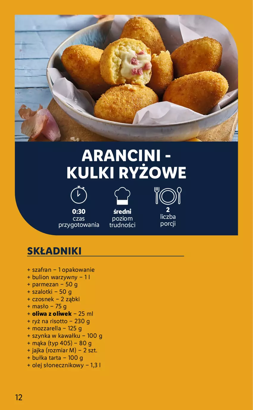 Gazetka promocyjna Lidl - KATALOG SYCYLIA - ważna 22.08 do 28.08.2022 - strona 12 - produkty: Bulion, Bułka, Bułka tarta, Czosnek, Kawa, Lion, Mąka, Masło, Mozzarella, Olej, Olej słonecznikowy, Oliwa z oliwek, Parmezan, Por, Ryż, Szafran, Szal, Szynka, Tarta