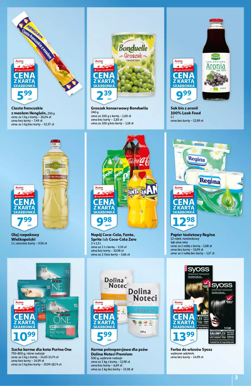 Gazetka promocyjna Auchan - Skarbonka #13 - ważna 31.03 do 06.04.2022 - strona 3 - produkty: Aloe vera, Bonduelle, Ciasto francuskie, Coca-Cola, Fa, Fanta, Farba do włosów, Gin, Groszek, LG, Napój, Olej, Olej rzepakowy, Papier, Papier toaletowy, Por, Pur, Purina, Rum, Ser, Sok, Sprite, Sucha karma, Syoss