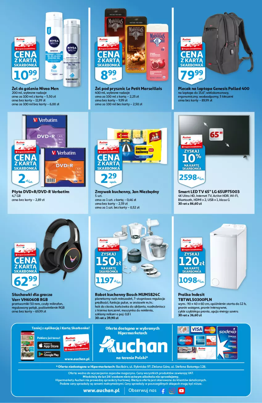 Gazetka promocyjna Auchan - Skarbonka #13 - ważna 31.03 do 06.04.2022 - strona 4 - produkty: Bosch, Fa, Gra, Indesit, Jan Niezbędny, LED TV, LG, Mars, Maszynka, Maszynka do mielenia, Mikrofon, Mikser, Nivea, Nivea Men, Plecak, Płyta, Por, Pralka, Robot, Rozdrabniacz, Ser, Słuchawki, Szynka, Top