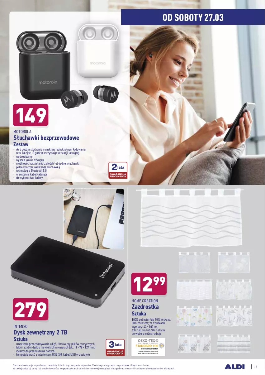 Gazetka promocyjna Aldi - Od Środy i Soboty - ważna 24.03 do 27.03.2021 - strona 13 - produkty: Kabel USB, Motorola, Olej, Por, Słuchawki, Słuchawki bezprzewodowe, Sok