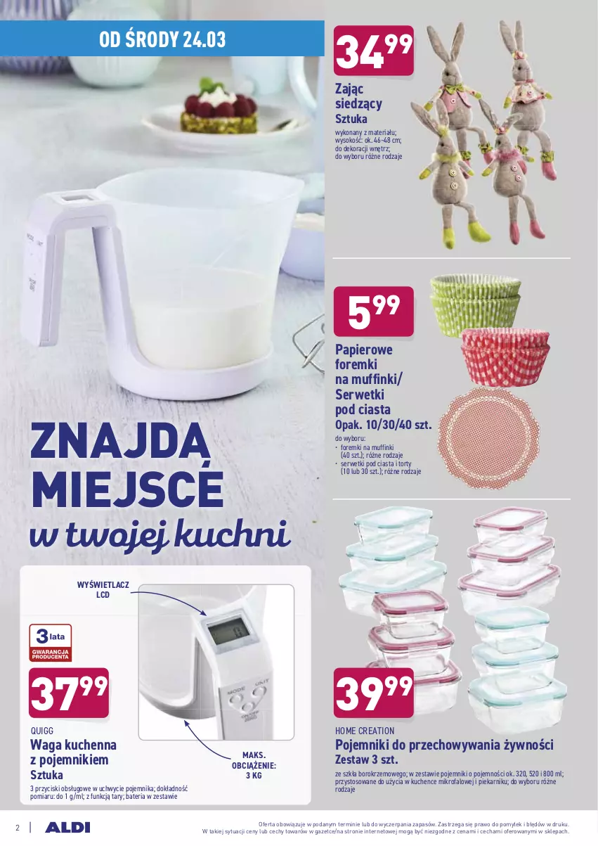 Gazetka promocyjna Aldi - Od Środy i Soboty - ważna 24.03 do 27.03.2021 - strona 2 - produkty: Bateria, Fa, Foremki, Muffinki, Papier, Piekarnik, Pojemnik, Ser, Serwetki, Sok, Waga