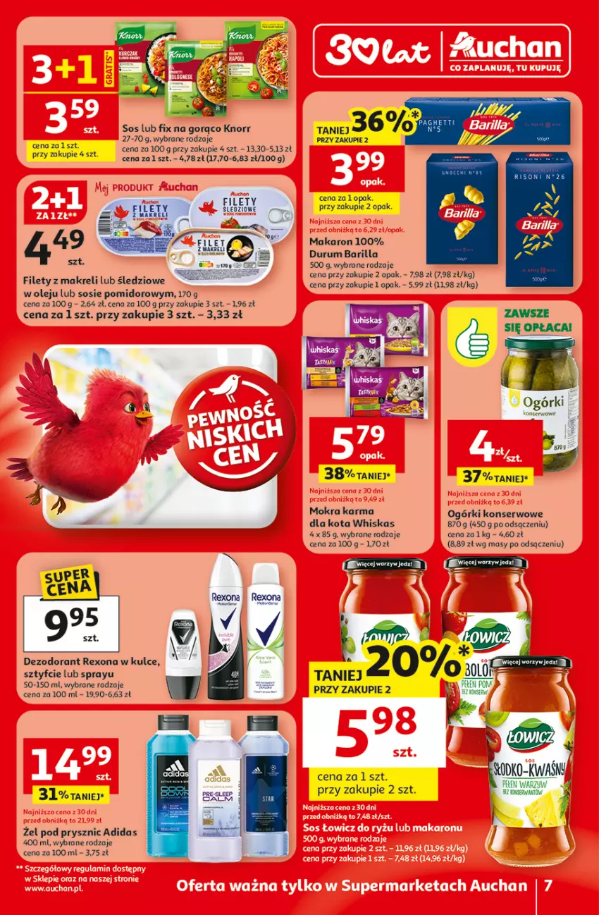 Gazetka promocyjna Auchan - Gazetka 30 Lat Supermarket Auchan - ważna 08.01 do 14.01.2026 - strona 7 - produkty: Adidas, Barilla, Dezodorant, Knorr, Makaron, Mokra karma, Ogórki konserwowe, Olej, Rexona, Rum, Ser, Sos, Whiskas