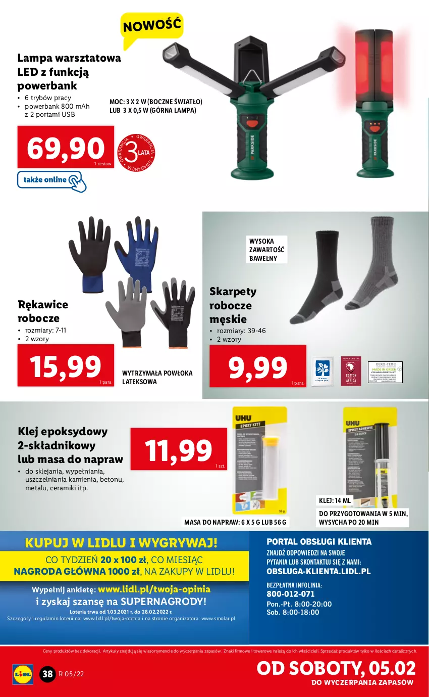 Gazetka promocyjna Lidl - GAZETKA - ważna 31.01 do 05.02.2022 - strona 42 - produkty: Gry, Karp, Klej, Lampa, Mola, Por, Powerbank, Rękawice, Rękawice robocze, Sok