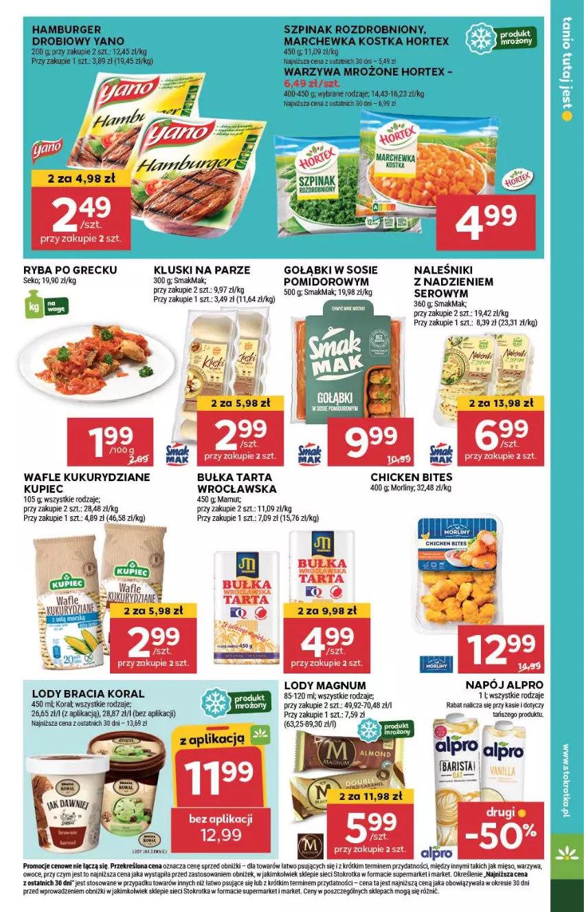 Gazetka promocyjna Stokrotka - Supermarket - ważna 18.07 do 24.07.2024 - strona 17 - produkty: Alpro, Bułka, Bułka tarta, Burger, Gaga, Hamburger, Hortex, Kluski na parze, Kupiec, Lody, Marchewka, Mięso, Morliny, Naleśniki, Napój, Owoce, Piec, Ryba, Ryba po grecku, SEKO, Ser, Sos, Szpinak, Tarta, Wafle, Warzywa