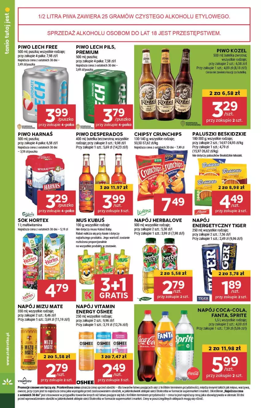 Gazetka promocyjna Stokrotka - Supermarket - ważna 18.07 do 24.07.2024 - strona 18 - produkty: Beskidzki, Chipsy, Coca-Cola, Crunchips, Desperados, Fa, Fanta, Gra, Hortex, Kozel, Kubuś, Mięso, Mus, Napój, Napój energetyczny, Oshee, Owoce, Piwa, Piwo, Por, Sok, Sprite, Tiger, Warzywa