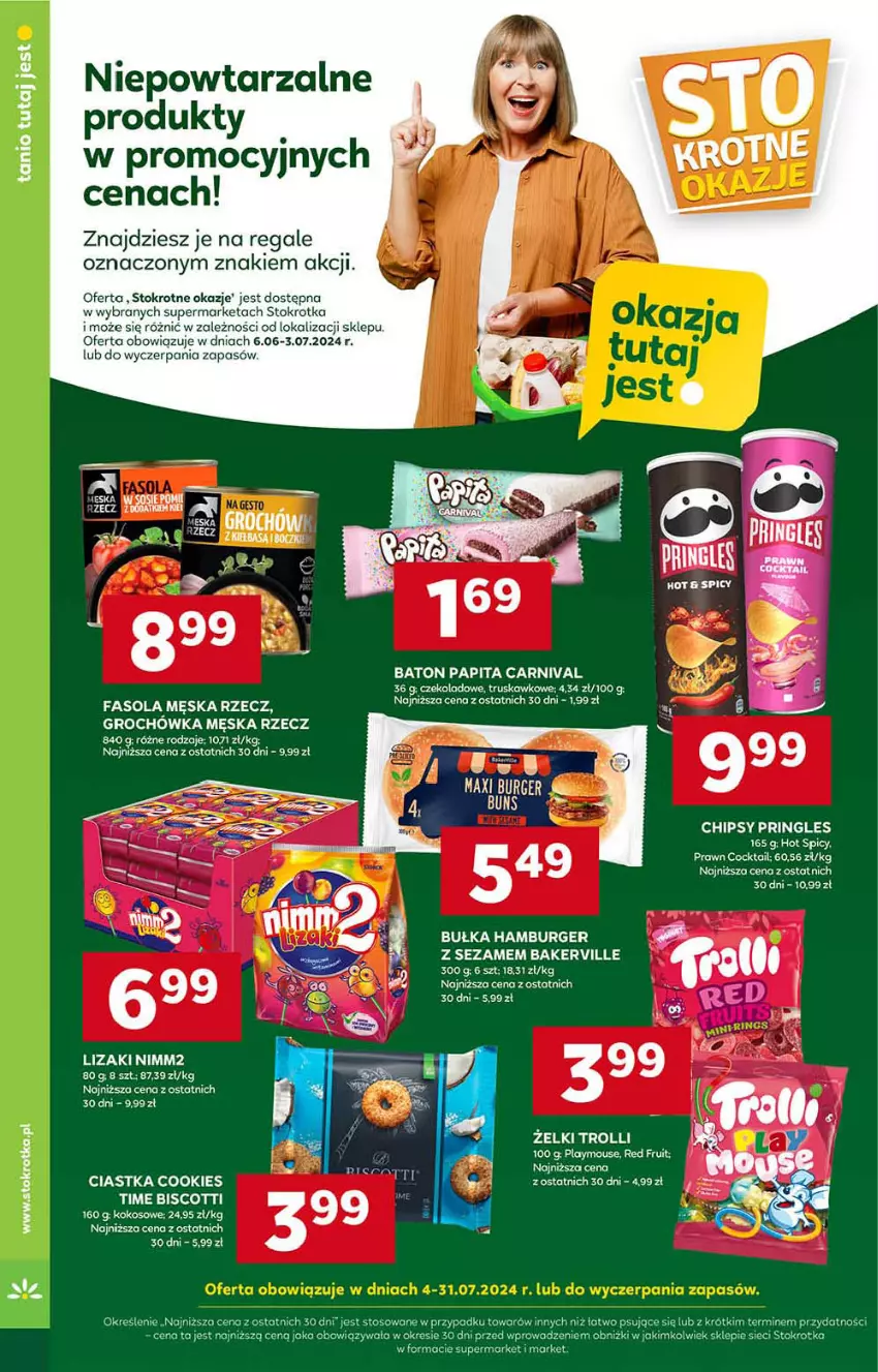 Gazetka promocyjna Stokrotka - Supermarket - ważna 18.07 do 24.07.2024 - strona 22 - produkty: Baton, Bułka, Bułka hamburger, Burger, Chipsy, Ciastka, Fa, Fasola, Groch, Hamburger, Kokos, Lizaki, Nimm2, Pringles, Sezam