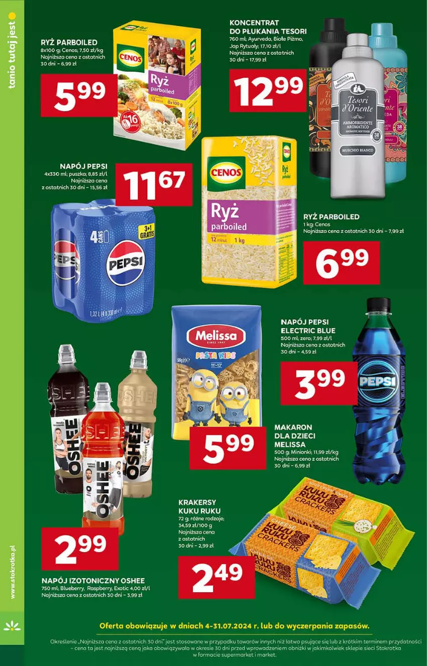 Gazetka promocyjna Stokrotka - Supermarket - ważna 18.07 do 24.07.2024 - strona 24 - produkty: Cenos, Dzieci, Koc, Krakersy, Makaron, Napój, Napój izotoniczny, Oshee, Pepsi