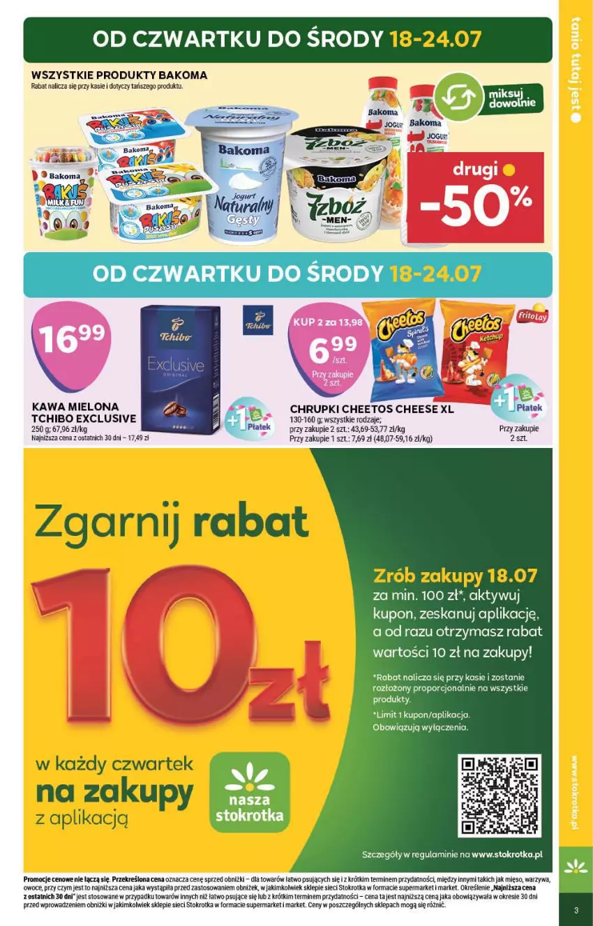 Gazetka promocyjna Stokrotka - Supermarket - ważna 18.07 do 24.07.2024 - strona 3 - produkty: Bakoma, Cheetos, Chrupki, Gra, Kawa, Kawa mielona, Mięso, Owoce, Por, Tchibo, Warzywa