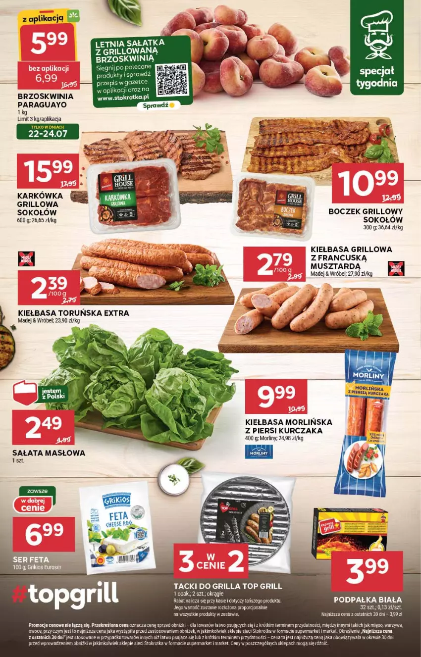 Gazetka promocyjna Stokrotka - Supermarket - ważna 18.07 do 24.07.2024 - strona 8 - produkty: Boczek, Fa, Grill, Kiełbasa, Kurczak, Masło, Mięso, Morliny, Mus, Owoce, Sałat, Sałata masłowa, Sałatka, Sok, Sokołów, Top, Warzywa