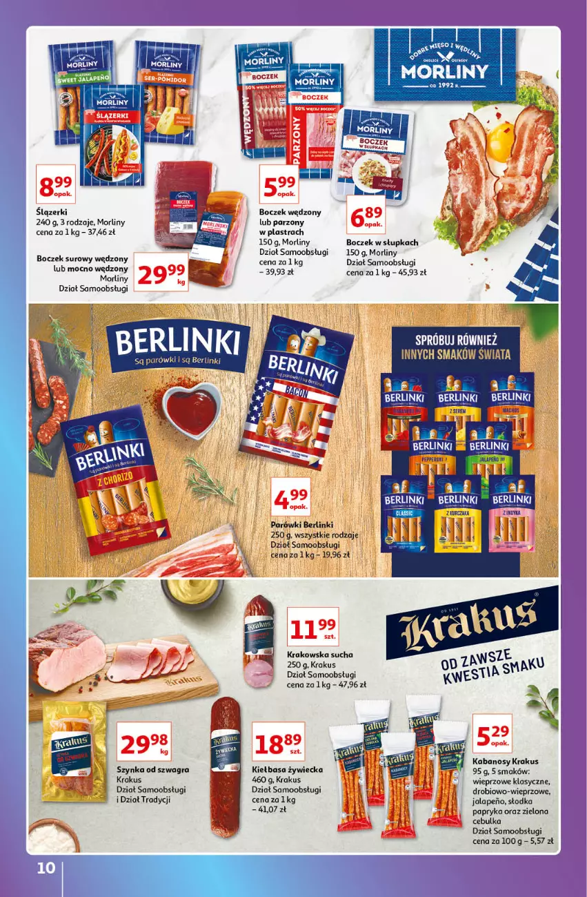 Gazetka promocyjna Auchan - Gazetka Znane Lubiane Marki Hipermarkety - ważna 08.09 do 14.09.2022 - strona 10 - produkty: Berlinki, Boczek, Gra, Kabanos, Kiełbasa, Krakus, Morliny, Papryka, Parówki, Szynka