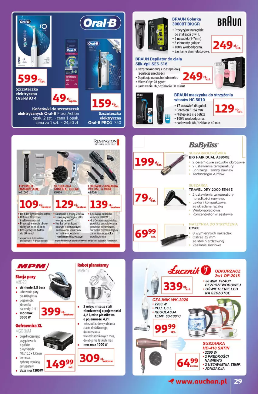 Gazetka promocyjna Auchan - Gazetka Znane Lubiane Marki Hipermarkety - ważna 08.09 do 14.09.2022 - strona 29 - produkty: Akumulator, Babyliss, Braun, Czajnik, Depilator, Gofrownica, Golarka, Maszynka, Odkurzacz, Por, Remington, Sati, Silan, Suszarka, Szczoteczka, Szynka, Termos, Top