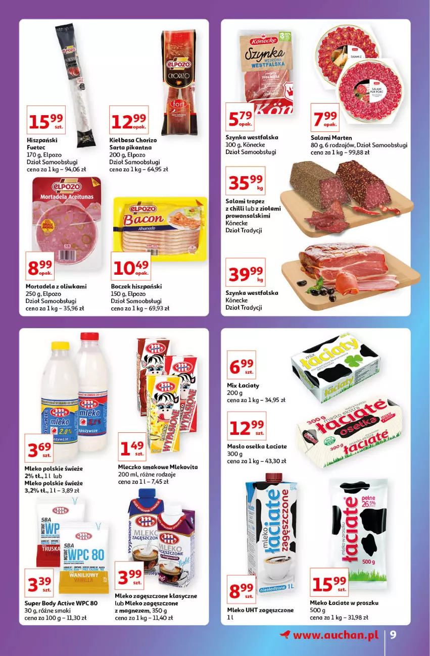 Gazetka promocyjna Auchan - Gazetka Znane Lubiane Marki Hipermarkety - ważna 08.09 do 14.09.2022 - strona 9 - produkty: Boczek, Body, Fa, Kiełbasa, Magnez, Masło, Mleczko, Mleko, Mleko zagęszczone, Mlekovita, Salami, Szynka