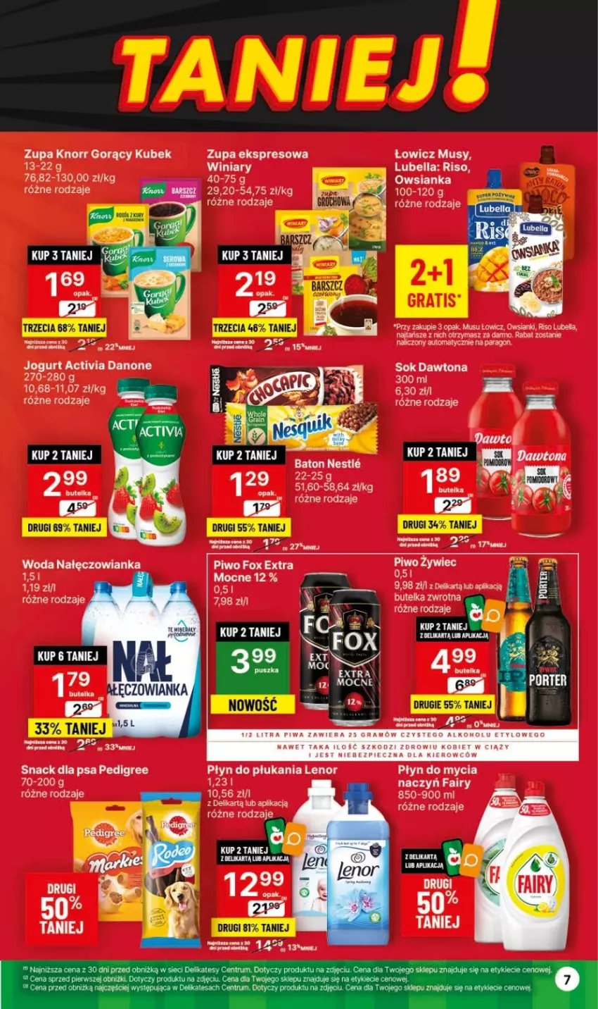 Gazetka promocyjna Delikatesy Centrum - Dyskontowe ceny w Delikatesach Centrum - ważna 11.01 do 17.01.2024 - strona 7 - produkty: Activia, Baton, Bell, Bella, Danone, Dawtona, Fa, Fairy, Gra, Groch, Jogurt, Knorr, Kubek, Lenor, Lubella, Mus, Nałęczowianka, Pedigree, Piec, Piwa, Piwo, Płyn do mycia, Płyn do płukania, Sok, Winiary, Woda, Zupa