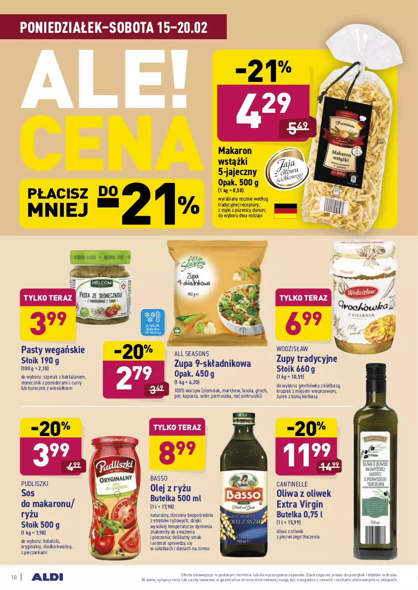 Gazetka promocyjna Aldi - ALE! CENA - ważna 15.02 do 20.02.2021 - strona 10 - produkty: All Seasons, Fa, Fasola, Gin, Groch, Krupnik, Makaron, Olej, Oliwa z oliwek, Pasty wegańskie, Piec, Pieczarka, Pietruszka, Por, Pudliszki, Rum, Ryż, Sałat, Sałatka, Sok, Sos, Sos do makaronu, Szpinak, Tera, Zupa