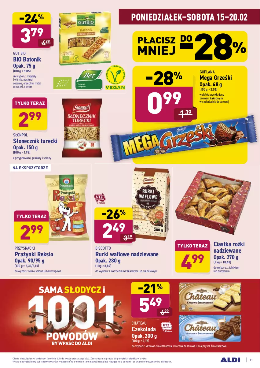 Gazetka promocyjna Aldi - ALE! CENA - ważna 15.02 do 20.02.2021 - strona 11 - produkty: Baton, Bio Batonik, Ciastka, Czekolada, Deser, Goplana, Grześki, Kakao, LANA, Migdały, Miód, Orzeszki, Orzeszki ziemne, Przysnacki, Rurki, Ser, Sezam, Słonecznik turecki, Słonpol, Tera, Tonik, Wafelek