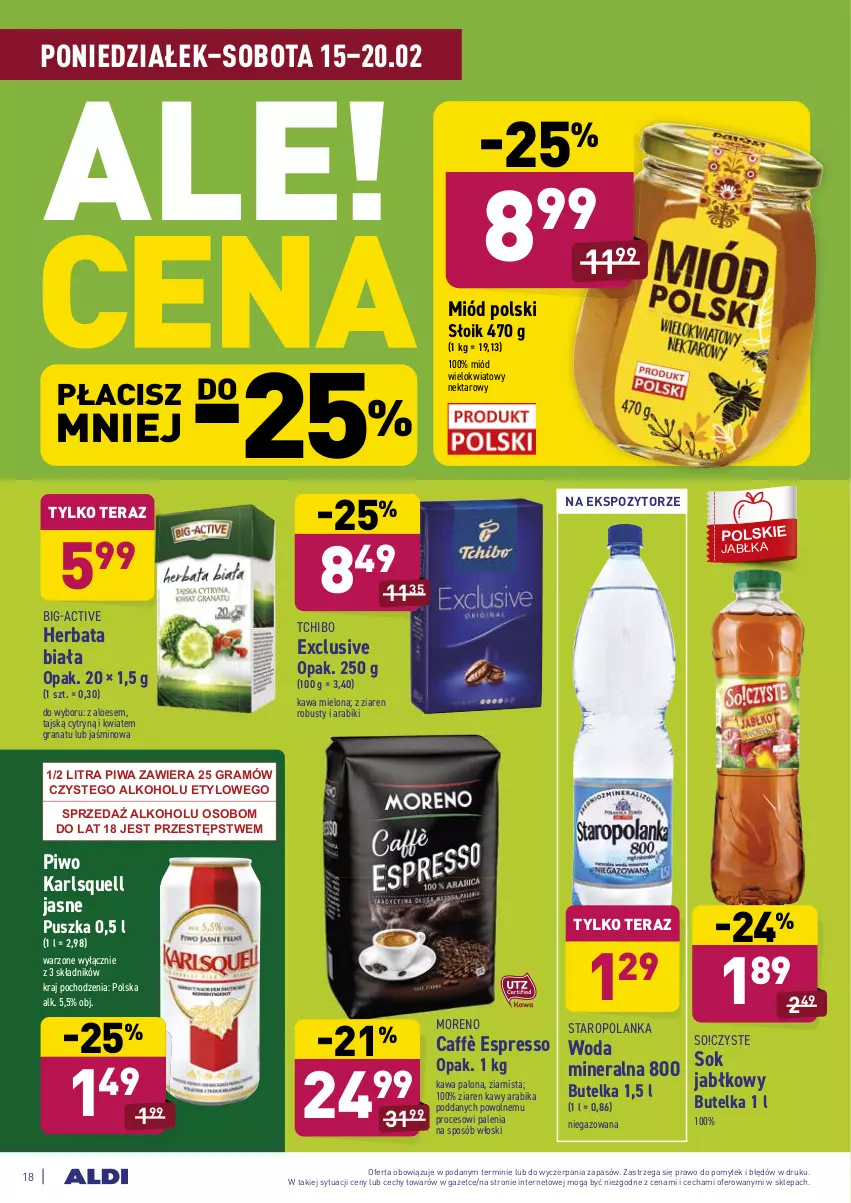 Gazetka promocyjna Aldi - ALE! CENA - ważna 15.02 do 20.02.2021 - strona 18 - produkty: Gra, Granat, Herbata, Karlsquell, Kawa, Kawa mielona, Miód, Nektar, Piwa, Piwo, Sok, Sok jabłkowy, Staropolanka, Tchibo, Tera, Woda