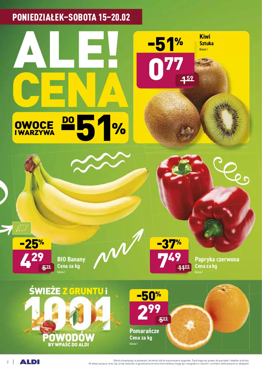 Gazetka promocyjna Aldi - ALE! CENA - ważna 15.02 do 20.02.2021 - strona 2 - produkty: Banany, Grunt, Kiwi, Owoce, Papryka, Papryka czerwona, Pomarańcze, Warzywa