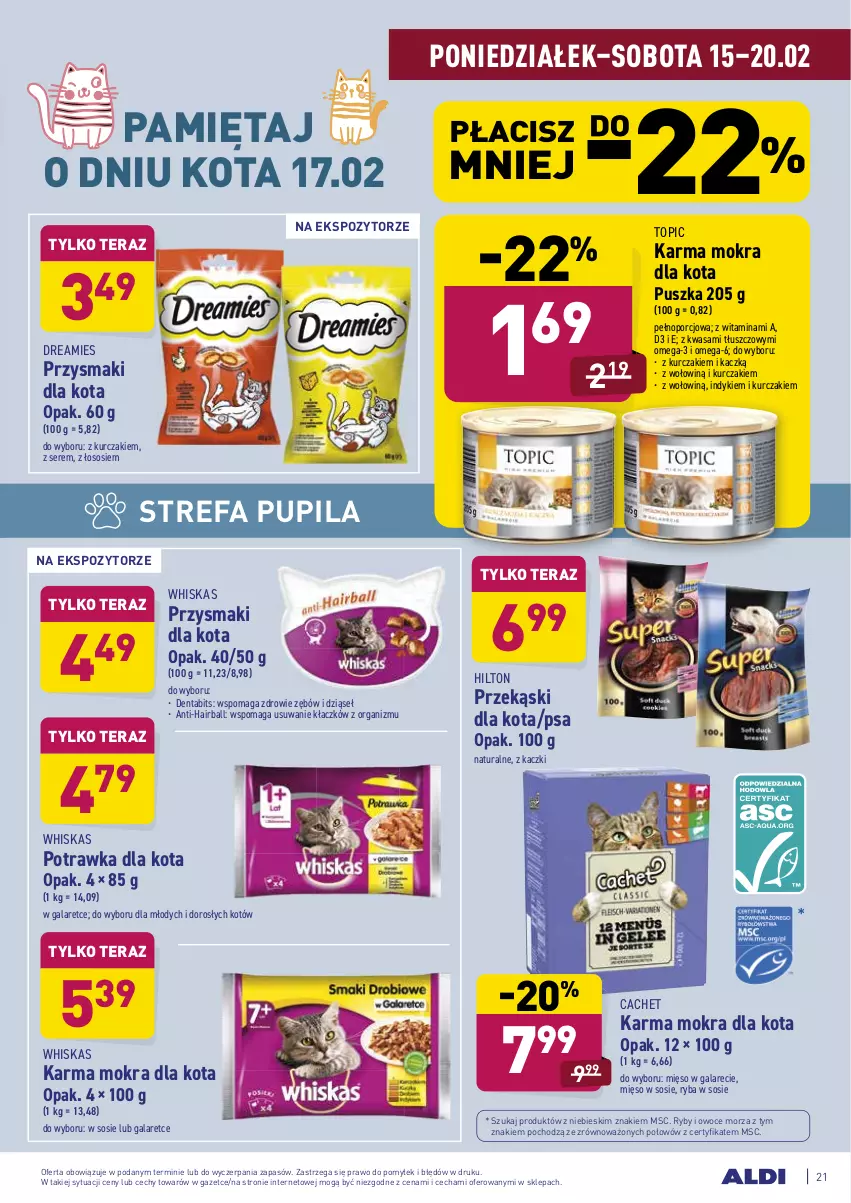 Gazetka promocyjna Aldi - ALE! CENA - ważna 15.02 do 20.02.2021 - strona 21 - produkty: Fa, Gala, Kurczak, Mięso, Mięso w galarecie, Mięso w sosie, Mięta, Omega-3, Owoce, Owoce morza, Por, Przekąski dla kota, Przysmaki, Ryba, Ryby i owoce morza, Ser, Sos, Tera, Top, Wasa, Whiskas, Zdrowie